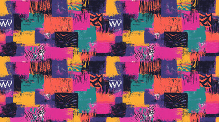 Vibrant seamless pattern featuring tribal brush strokes and multicolor patchwork designs ideal for textiles and fashion applications