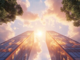 A stunning view of two modern skyscrapers basking in the warm, glowing light of a sunset, with fluffy clouds and trees framing the scene.