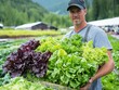 © Sergey - A farmer proudly holds a crate filled with freshly harvested lettuce of various types, set against the backdrop of a lush, green farm landscape.