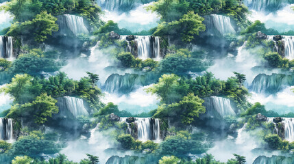 Watercolor seamless pattern of vibrant summer mountain landscape featuring lush emerald plants a cascading waterfall and tranquil lake