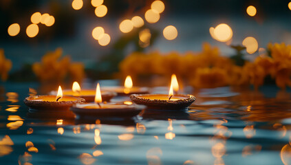 Wall Mural - The Indian festival Diwali, with glowing oil lamps placed on the water's surface in front of a blurred background