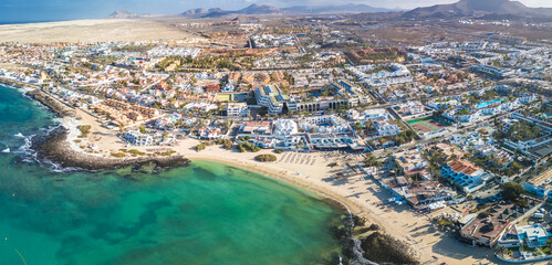 Aerial drone view of Corralejo, Fuerteventura, Canary Islands, Spain