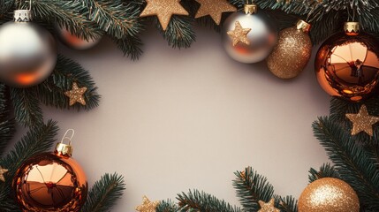 Christmas background with decorations along the edges. Christmas tree branches, gold glitter balls, stars, and garland. Flat lay, top view on a dark background with copy space.