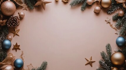 Christmas background with decorations along the edges. Christmas tree branches, gold glitter balls, stars, and garland. Flat lay, top view on a dark background with copy space.