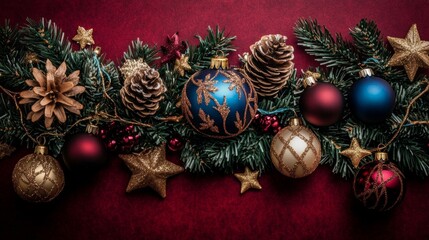 Christmas background with decorations along the edges. Christmas tree branches, gold glitter balls, stars, and garland. Flat lay, top view on a dark background with copy space.