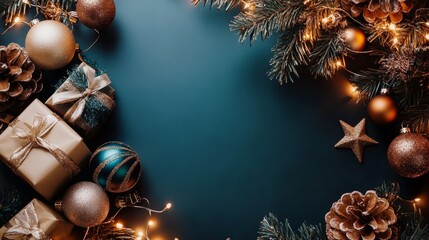 Christmas background with decorations along the edges. Christmas tree branches, gold glitter balls, stars, and garland. Flat lay, top view on a dark background with copy space.