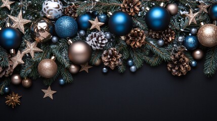 Christmas background with decorations along the edges. Christmas tree branches, gold glitter balls, stars, and garland. Flat lay, top view on a dark background with copy space.