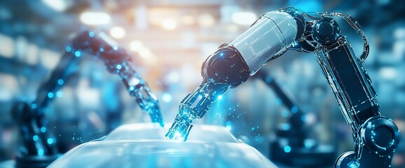 Poster - Robotic arms with glowing blue lights working in a factory, demonstrating automation and technology.