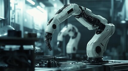 Fototapete - Robotic arms working in a factory setting, demonstrating automation and advanced technology.