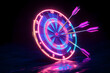 © Neon Gallery - A visually striking neon artwork featuring a target dartboard with illuminated arrows hitting the bullseye against a black backdrop.