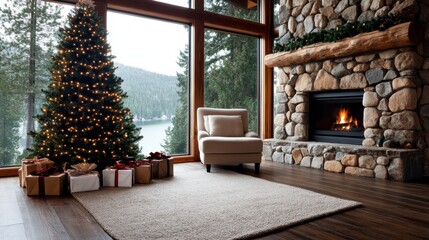 A warm living room showcasing a traditional stone fireplace, a glowing Christmas tree, wrapped presents, and a large window with views of a snowy mountain lake.