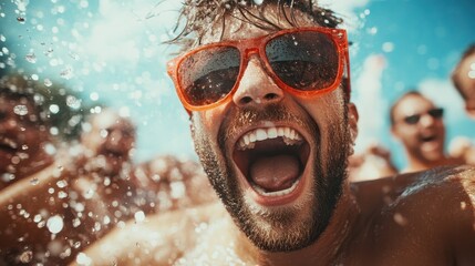 A jubilant party-goer wearing bright sunglasses enjoys an exhilarating outdoor celebration, surrounded by splashing water, capturing the essence of summer fun.