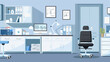 © Mirjana - Modern office workspace with medical equipment and organized cabinets in a calm, blue setting designed for healthcare professionals