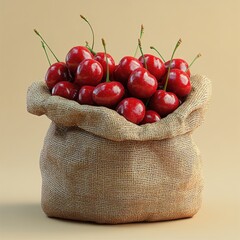 Ripe Red Cherries in a Burlap Bag