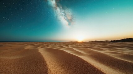 A vast desert landscape under a clear night sky showcases the mesmerizing Milky Way galaxy above the horizon, capturing the serene beauty of nature's wonders.