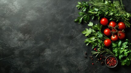 Vibrant red tomatoes and a variety of fresh herbs such as parsley and basil carefully arranged on a textured dark surface to convey freshness and flavor.