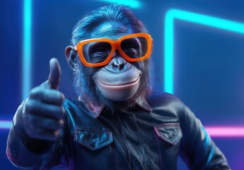 Wall Mural - a chimpanzee in a leather jacket and glasses gives a thumbs-up in a neon-lit, futuristic setting, co