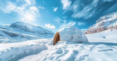 A house made of ice in a snowy setting with a clear sky, Generative AI.