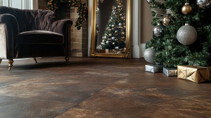 A rich brown stone floor with matte finish, complemented by a velvet lounge chair, brass-framed mirror, and a Christmas tree adorned with silver and gold ornaments.