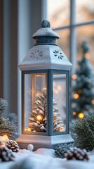 Poster - A cozy winter lantern hanging among frosted pine branches with pinecones illuminated by soft lights