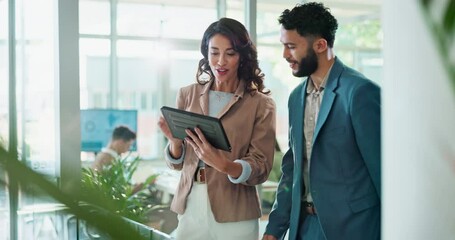Aufkleber - Tablet, man and woman in office with high five, online feedback or schedule success for business plan. Teamwork, project manager and consultant on digital app for collaboration, ideas and celebration