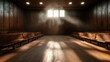 © JoxyAimages - A spacious wooden hall features two lines of lengthy benches along the walls, beautifully illuminated by rays from a large window casting dramatic light patterns.