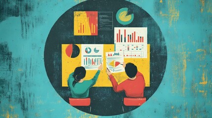 A flat vector illustration of two people in an office setting, one presenting data on a screen to the other sitting at a desk