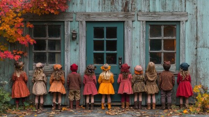 Group of children in costumes waiting to ring a doorbell, excited for trick-or-treating, representing the fun tradition of Halloween