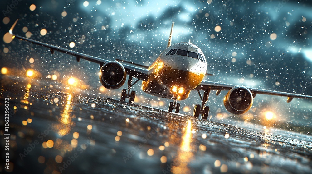 Rainy Day Taxiing An airplane on a rain-soaked runway with water ...