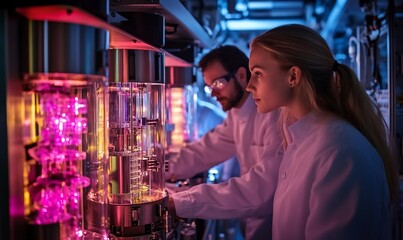 Poster - Two scientists in lab coats working with industrial machinery.