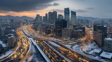 Highways converge in a bustling cityscape as twilight descends over Seoul, illuminated by city lights and a dusting of snow on the ground