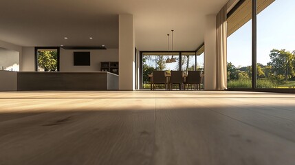 Modern living room interior design with wooden floor and large windows.