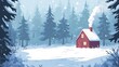 © ShadowHero - Snowy forest with a cozy cabin and smoke coming from the chimney