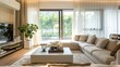 © Lasvu - Bright living room with large windows, white curtains, beige furniture, modern decor