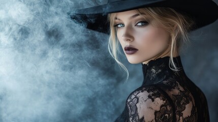 In a black witch hat, a woman poses for a picture.