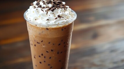 A refreshing iced mocha topped with whipped cream and chocolate shavings 