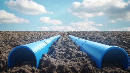 Two blue irrigation pipes in a field.