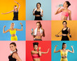 © Prostock-studio - A group of women in various athletic outfits engages in fitness activities, showcasing strength and enthusiasm. They pose with workout gear in vibrant colors, highlighting healthy lifestyles.