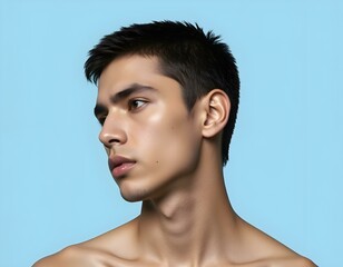 a young man looking sideways with a thoughtful expression on light blue background.