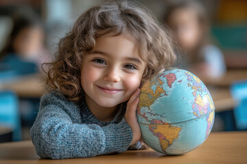 smiling child with a globe