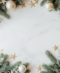 Wall Mural - Christmas tree branches adorned with gold stars, ornaments on white marble background, festive decoration