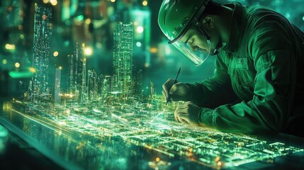 A worker in protective gear designs a futuristic cityscape with a digital pen and tablet.