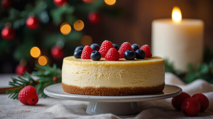 Wall Mural - Classic New York Cheesecake with berries on the kitchen table