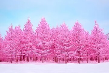 Wall Mural - A pink winter sunrise with snow-covered firs - a beautiful mountain landscape with a Christmas background