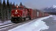 © lililia - A freight train adorned with colorful containers moves through a snow-covered forest along a frozen lake in British Columbia's winter beauty