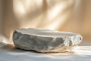 Canvas Print - A natural rock sits on a soft cloth surface, illuminated by gentle sunlight in a minimalist setting