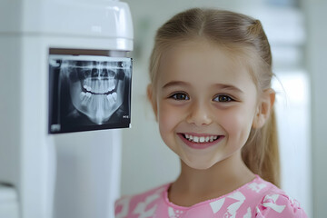 Smiling child receiving an X-ray at a modern dental clinic