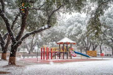 Cyclogenesis covered a park with snow after a blizzard. Winter scenes in the city.