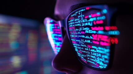 reflection of colorful programming code in eyeglasses lens, symbolizing modern software development 