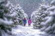 © Halina Berah - The family is bundled up in winter clothing, choosing a Christmas tree at a snowy tree farm surrounded by evergreen trees.